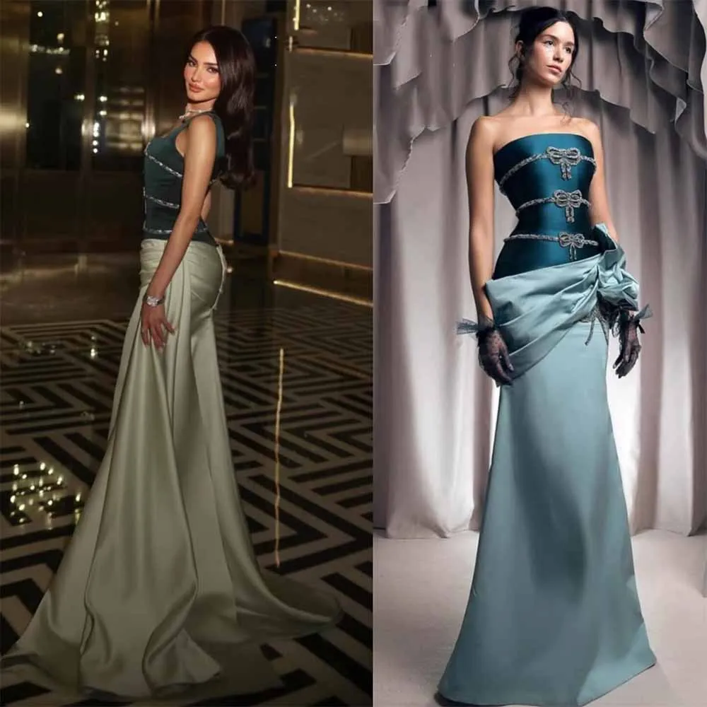 Luxury Evening Dresses 2025 Satin Sheath/Column Birthday Dress Blue Strapless Bows Draped Pleat Special Occasion Dress Long 2025