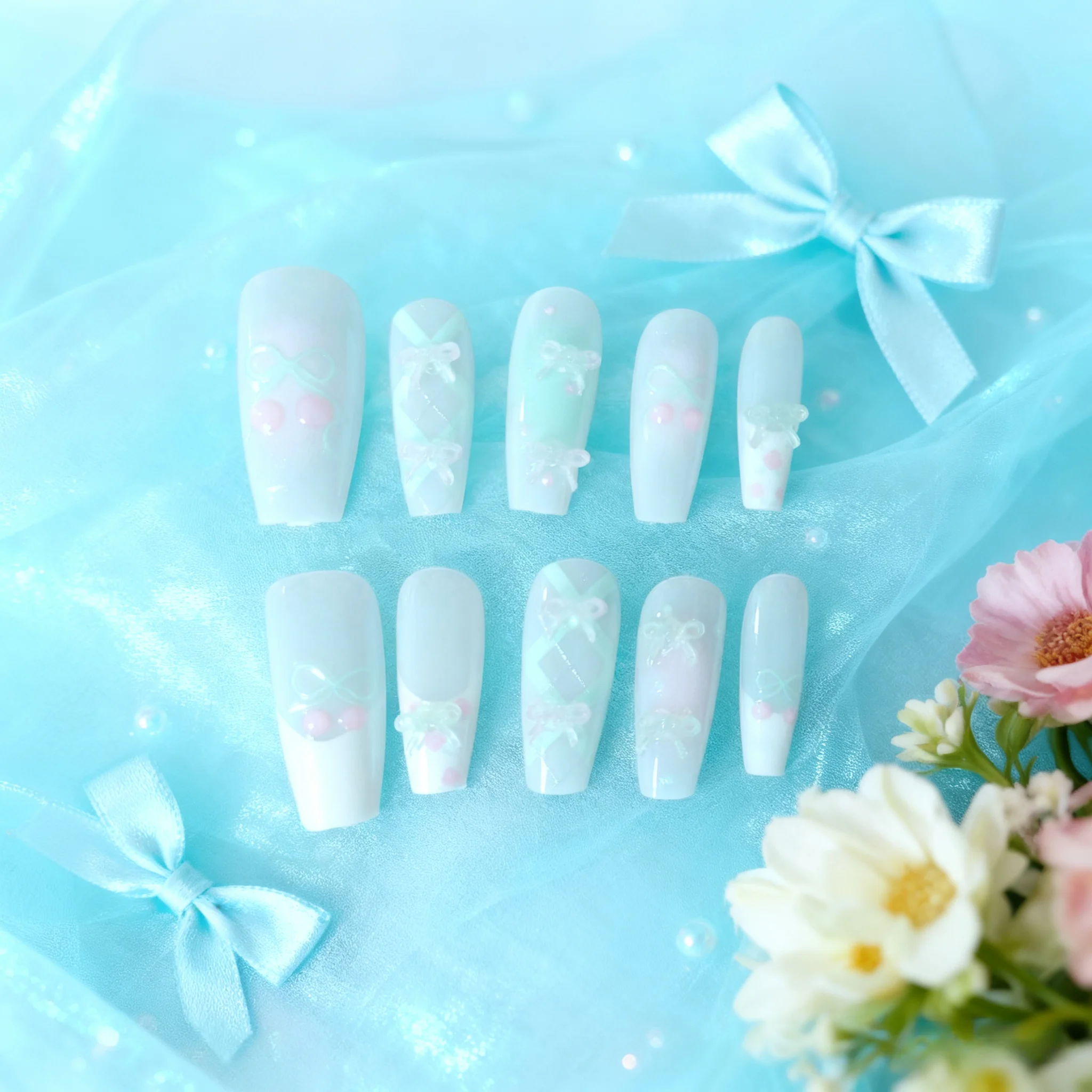 

10PCS Spring&Summer Mint Green Press On Nails Cute Polka Dot Bow French Nail Art Sweet Cherry Fake Nails Wearable For Girls
