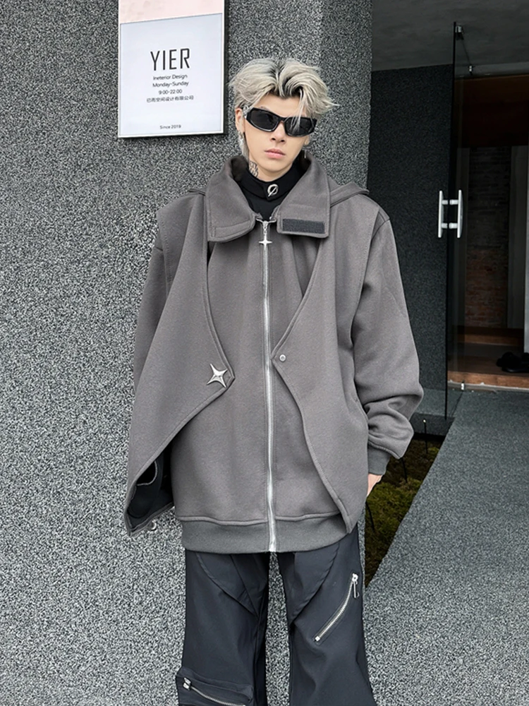 الخريف الشتاء الأمريكية شارع العليا الرجال عالية الياقة وهمية قطعتين رمادي مقنعين سترة فضفاضة عادية اليومية سترة مخملية سوداء #4