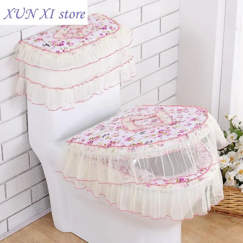 New Fabric Toilet Seat Cushion Household Lace Water Washed Zipper Type Seat Cushion Toilet Cushion Waterproof Water Tank Cover