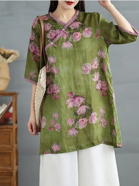 

Summer 2026 New Style Cotton Linen Retro Print Shirt Lightweight Breathable Loose plus Size Women's Mid-Length Sleeve Top