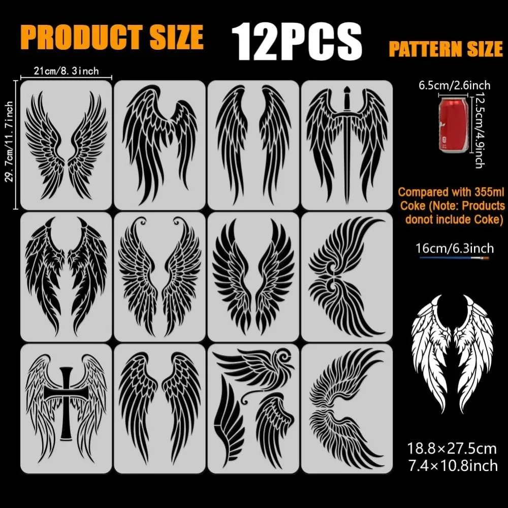 12 Pcs Multiple Wings Painting Stencil with a 16cm Paint Brush 11.7x8.3inch Reusable Plastic Stencil DIY Craft Templat