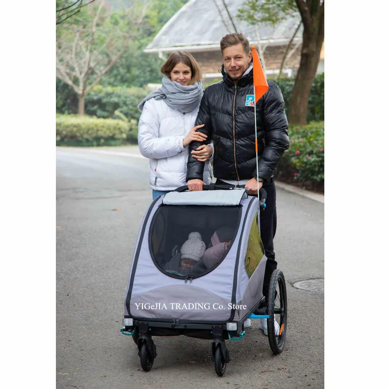 3-in-1 Double Seats Bicycle Trailer, Kids Jogger Stroller, Twins Bike Trailer Converts to Baby Carriage