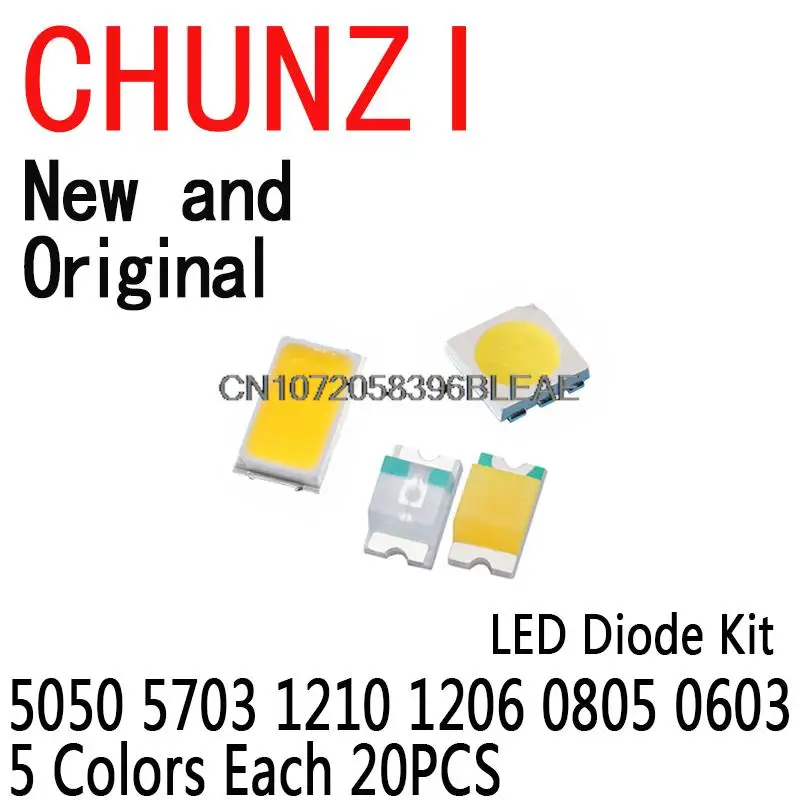 100PCS=5 Colors x 20PCS  LED Diode Assortment SMD LED Diode Kit Green/ RED / White / Blue / Yellow 5050 5703 1210 1206 0805 0603