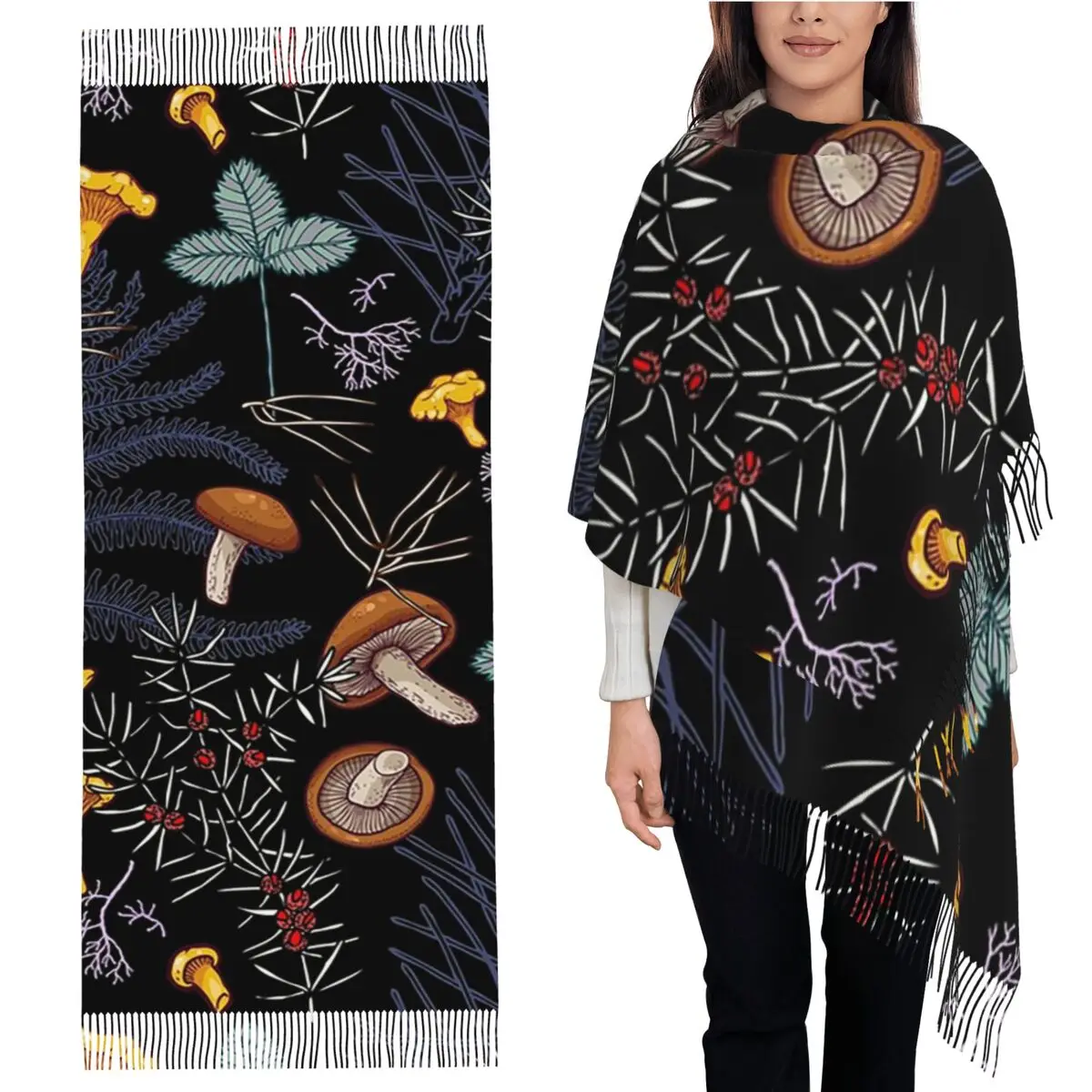 

Темный дикий лес, шарф с грибами, шарфы с кисточками для женщин, мягкие теплые шали и накидки, длинная осенне-зимняя шаль