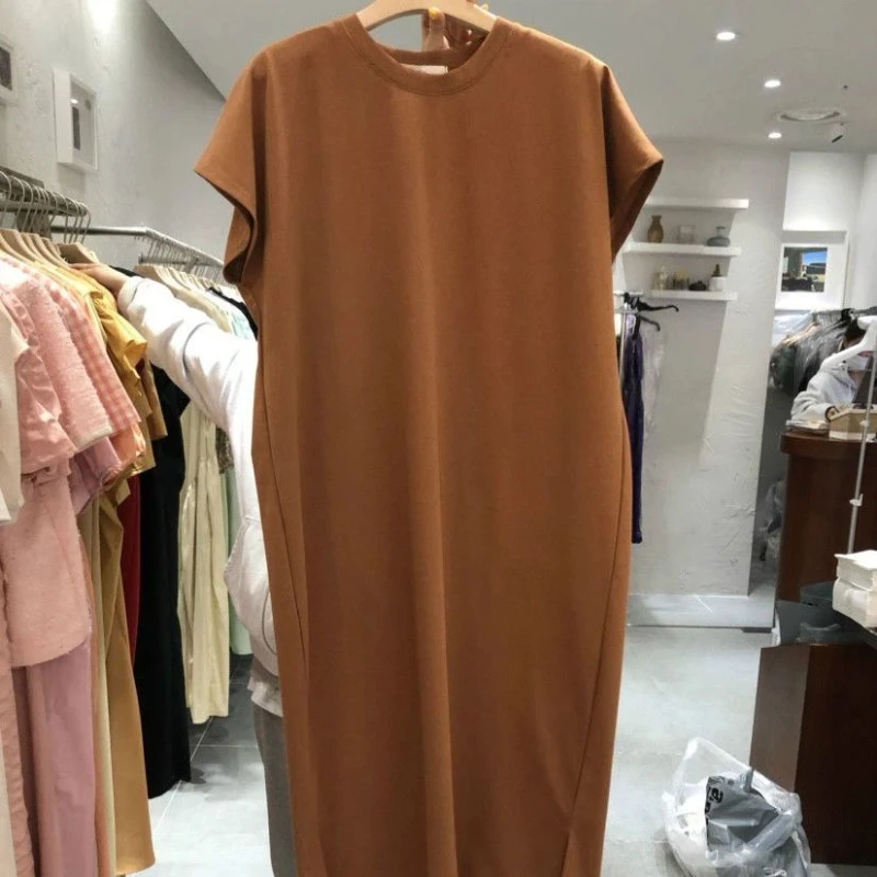 Short Sleeve Lazy Simplicity Solid Loose T Shirt Dress Summer O-neck All-match Fashion Midi Dress Casual Korean Women Clothing