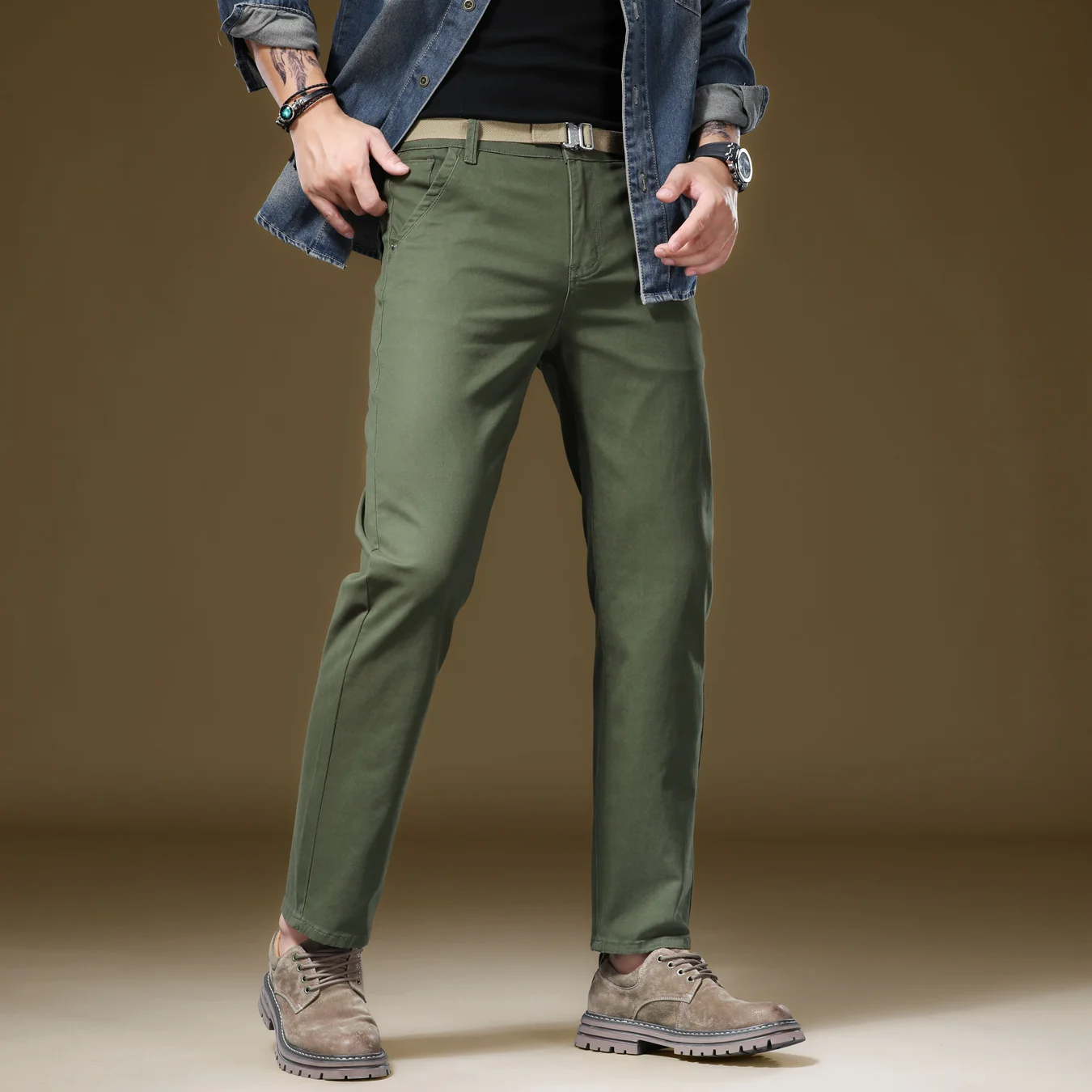 New in Quality Men\'s Pants Casual Straight Cotton Stretch Chino Trouser Male Classic Golf Slacks Formal Business Work Wear Khaki
