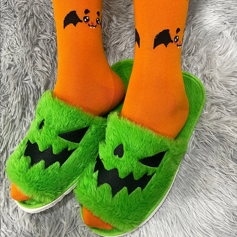 Highland Cow Lovely Halloween Pumpking Plush Slippers Warm House Lantern Open-toe Slipper Indoor Furry Shoes for Men Women