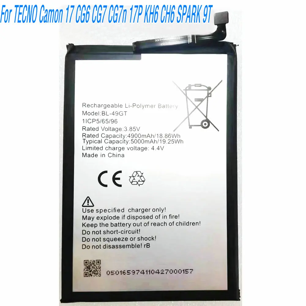 

Литий-ионный полимерный аккумулятор BL-49GT 3,85 В 19,25 Втч для мобильного телефона TECNO Camon 17 CG6 CG7 CG7n 17P KH6 CH6 SPARK 9T