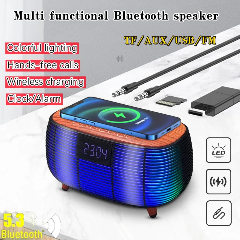 With Clock Display Screen Bluetooth Speaker Wireless Charging LED Lights FM Radio Hands-freecalls Support TFcard AUX Subwoofer