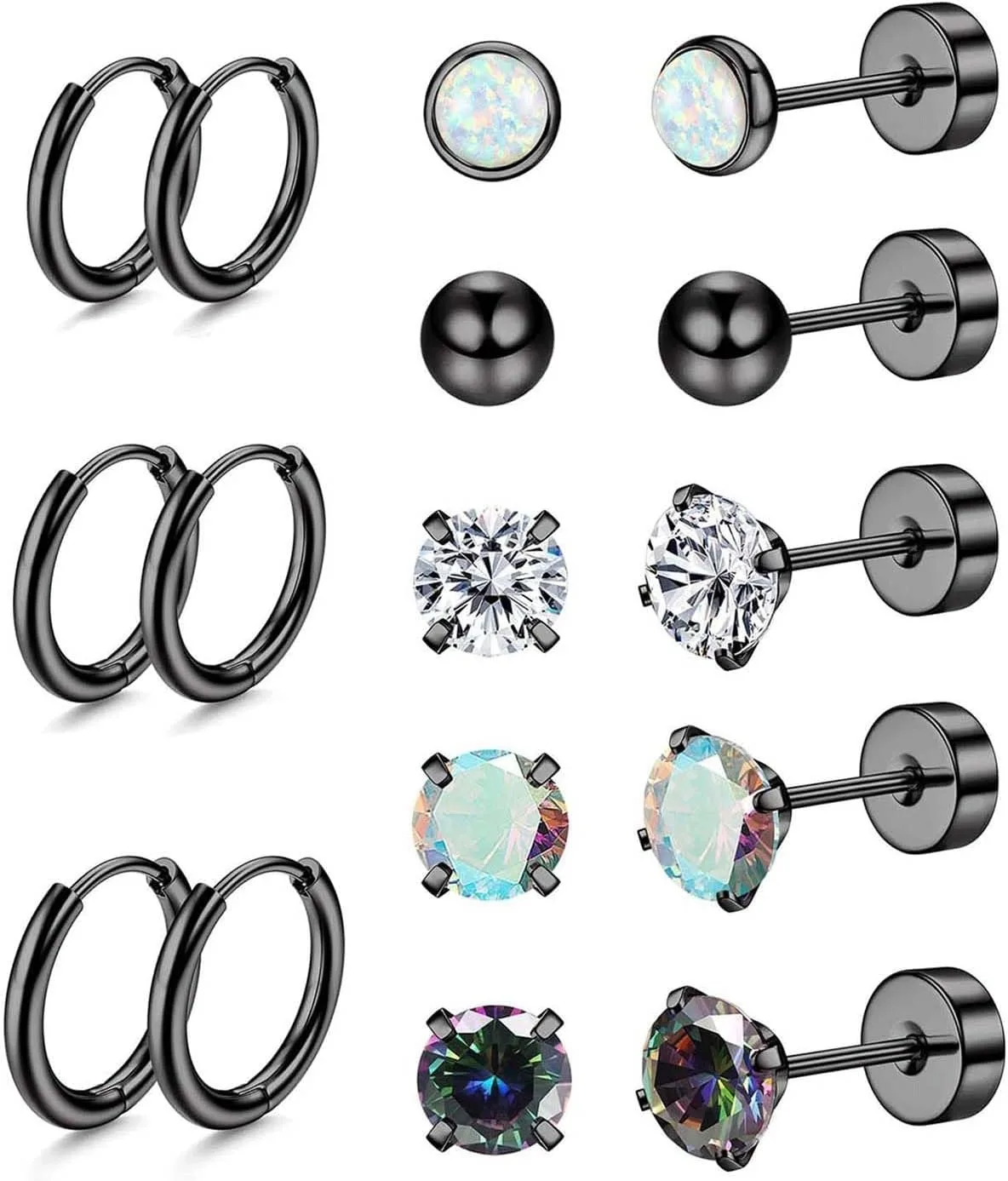 Hypoallergenic 18G Stainless Steel Stud Hoop Earrings Set for Women Men CZ Flat Back Earrings Cartilage Earrings Hoop Stud