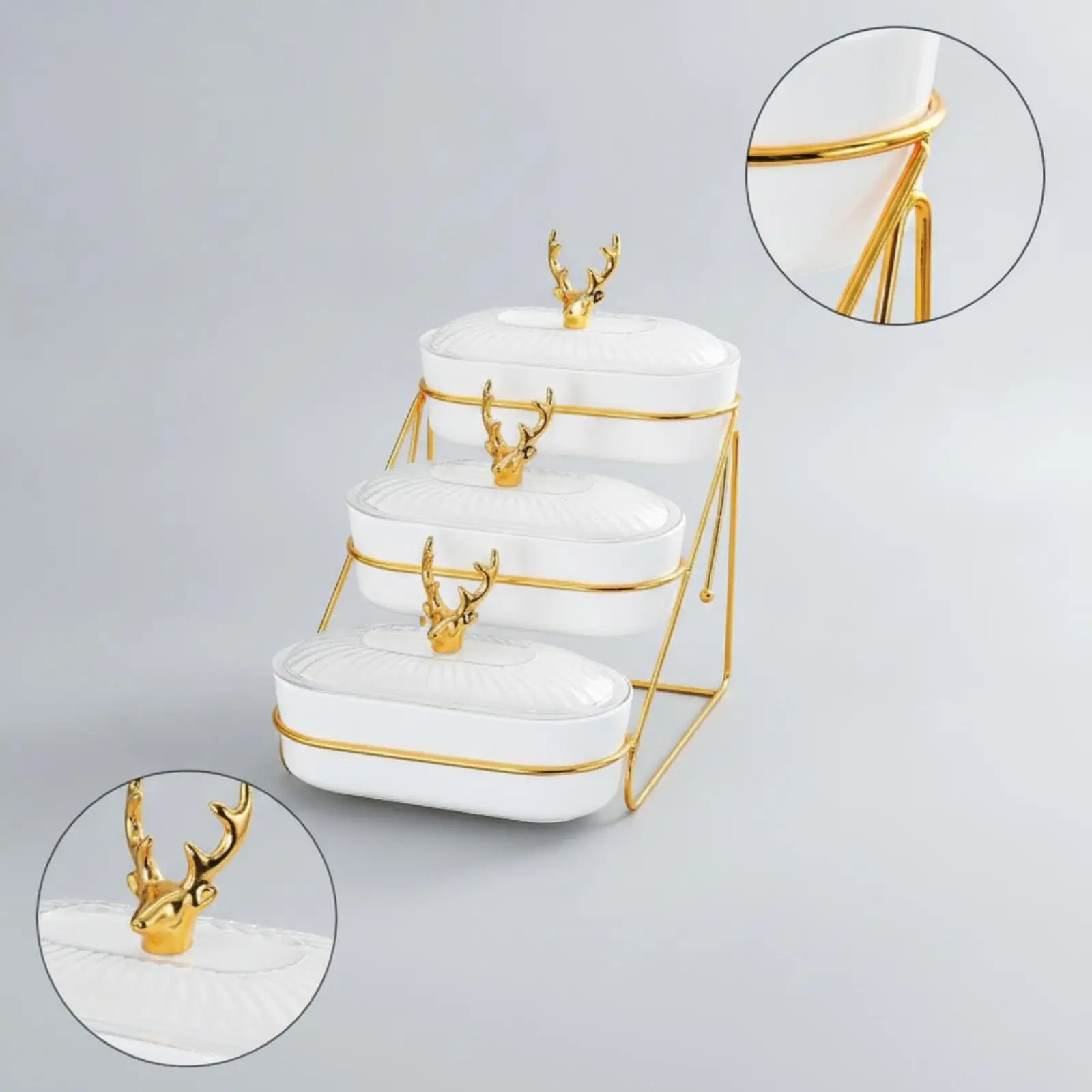 3 Tier Serving Tray with Clear Lids and Deer Handles for Afternoon Tea Party Snack Holder Metal Stand for Living Room Decor