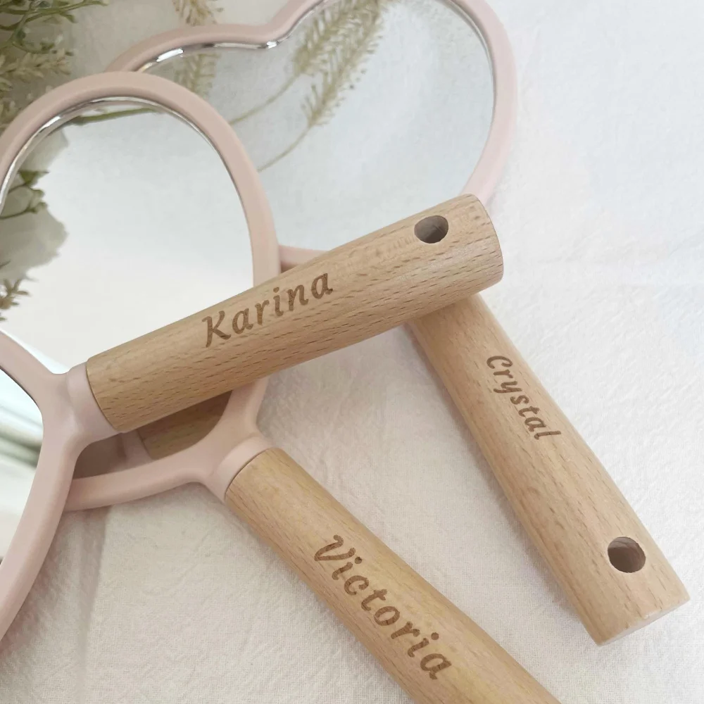 Personalized Makeup Mirror Wedding Gifts For Bridesmaids Bachelorette Bridal Shower Party Favor Engraved Wood Handle Heart Shape