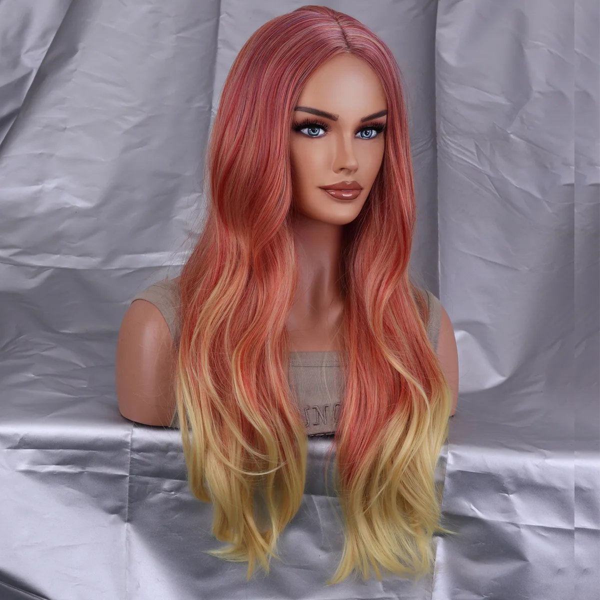 Mulher de peruca branca europeia e americana, mudança gradual rosa amarelo longo cabelo encaracolado seda de alta temperatura cobertura de cabeça cheia