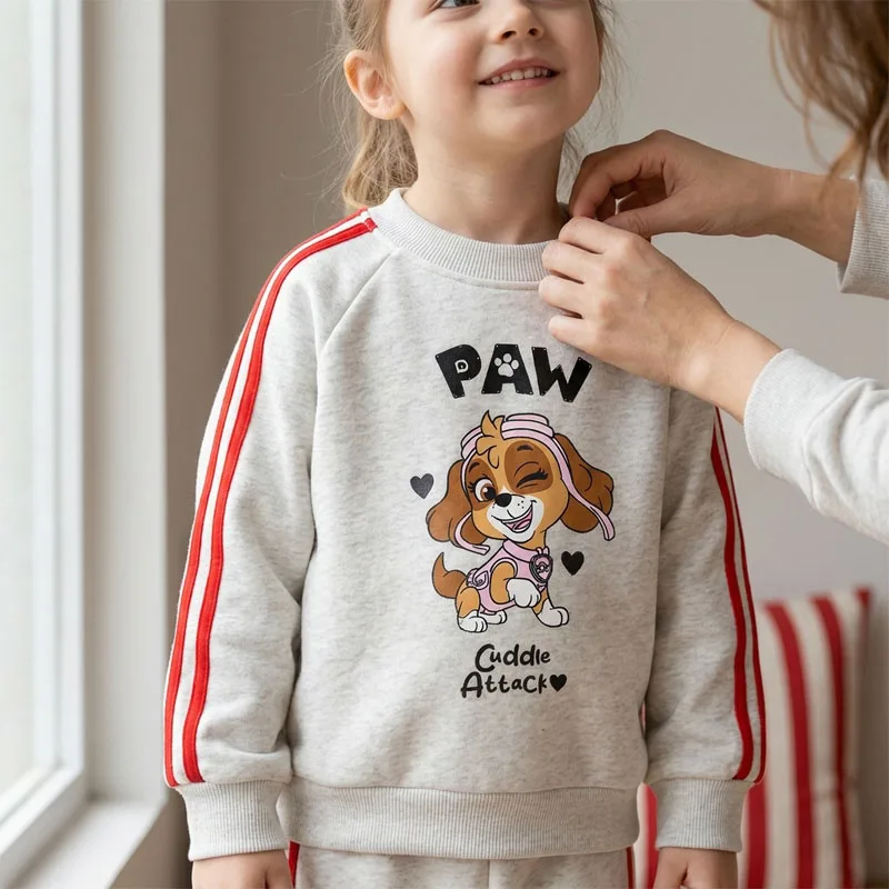 2026 Spring Paw Patrol Printed Girls Casual Tracksuit Kids O Neck Hoodies and Long Pant Two Piece Child Side Stripe Trousers Set