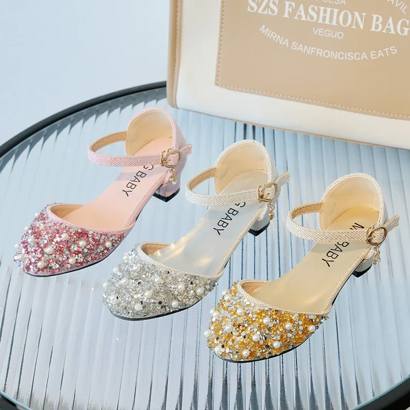 Fashion Girls Heels Sandals Pearl Buckle Sequins Decoration Girls Princess Shoes Pink Soft Bottom Non-slip Children Sandals