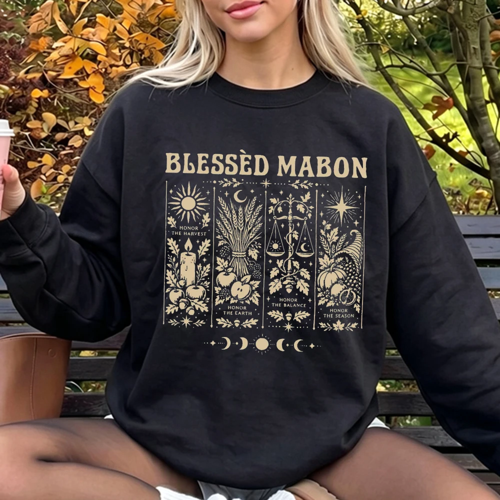 Blessed Mabon Women Sweatshirt Autumn Harvest Graphic Pullover Long Sleeve Crewneck Jumper Witchy Pagan Magic Streetwear