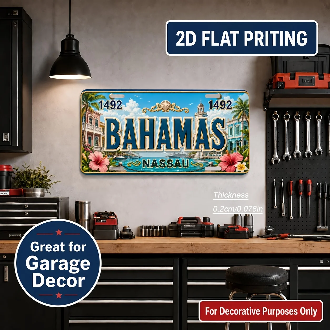 2D Flat Bahamas Islands Themed Aluminum Hanging Plaque, Retro Industrial Wall Art