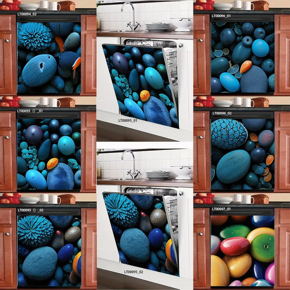 Blue Stone Pebble Dishwasher Decal, Ocean Stone & Watercolor Print, Waterproof Removable Kitchen Appliance Decor