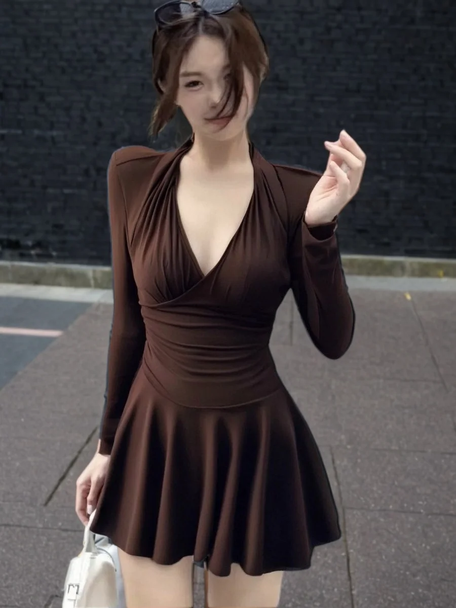 

Sexy Slimming Long Sve V-Ne ort Dr Brown A-Line Skirt for plus Size Women Ci Commute Autumn Faion Trend 2025