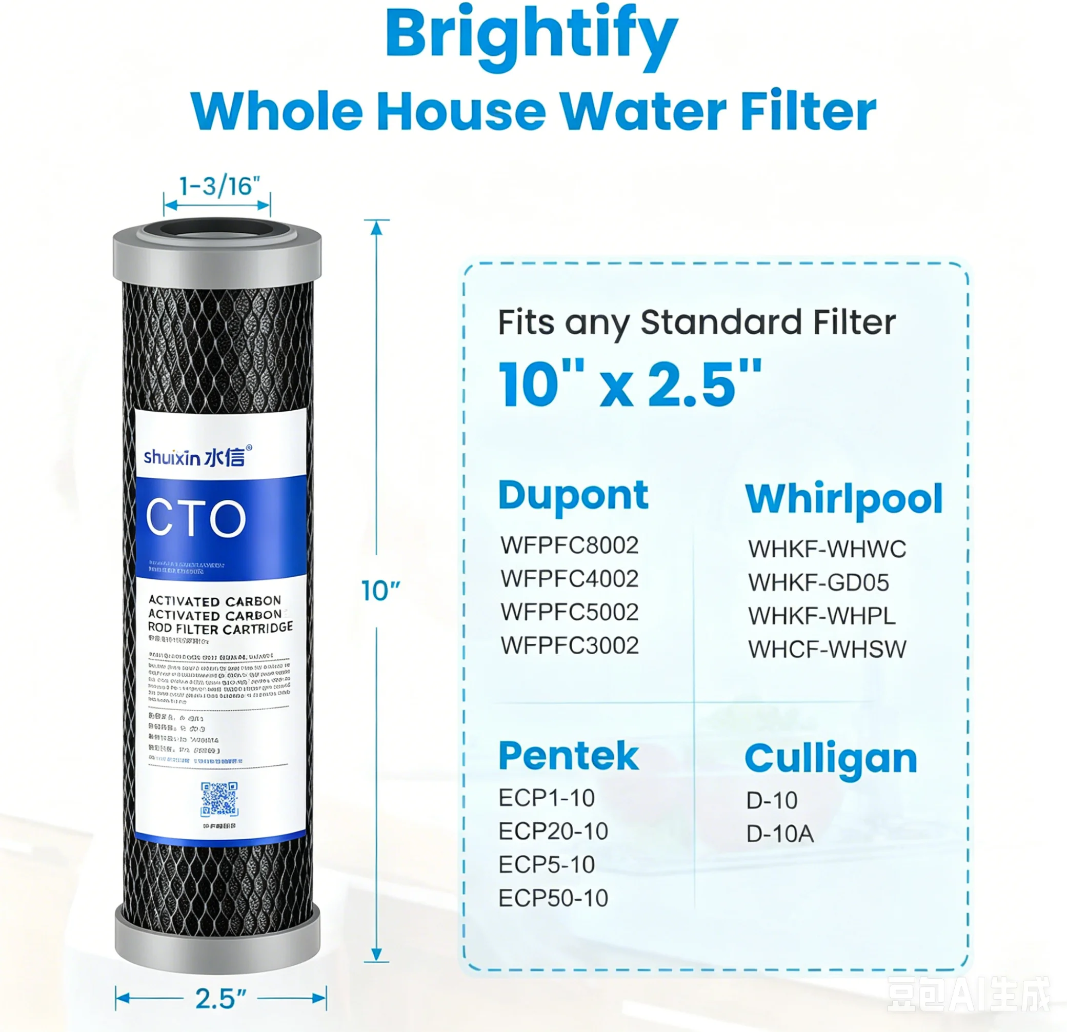 CTO Carbon Block Water Filter Cartridge 10 x 2.5 Inch Replacement for RO Reverse Osmosis Whole House Under Sink Purifier