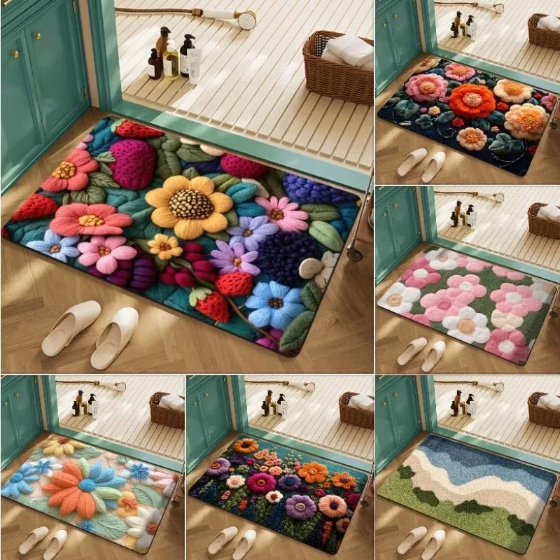 Simulated Embroidery Floral Door Mat Flannel Entrance Foyer Anti Slip Dirt Resistant Door Mat Retro Home Decoration Rug