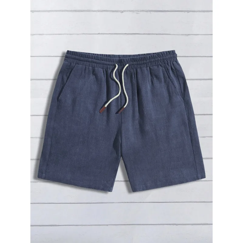 Men Cotton Linen Blend Casual Shorts Elastic Loose Leg Lightweight Summer Beach Travel Daily Walking Shorts with Multi Pockets