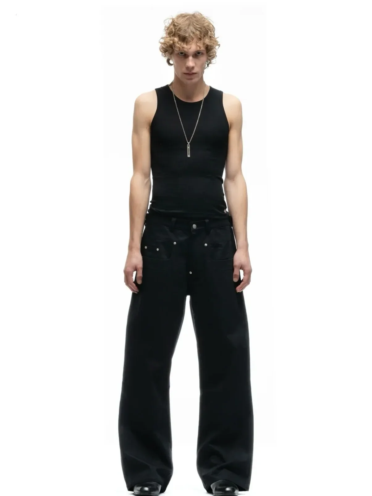 No Faith studios LAYERED double pocket stud black baggy scimitar pants three-dimensional cut jeans