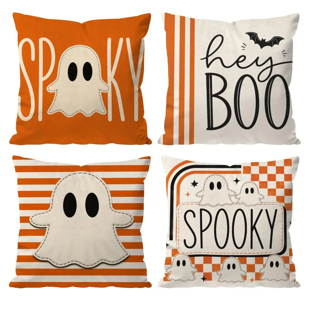 Halloween Hey Boo Cute Ghost Cushion Cover Double-Sided Plush Sofa Cushion Covers Organic Breathable Invisible Zipper