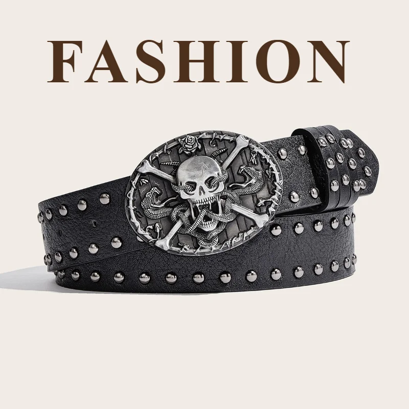 Fashionable Men's Belt Unique Skull Design for Young AdultsTrendy Cool Punk-Style Snap-Fastener Casual Belt for Men and Women