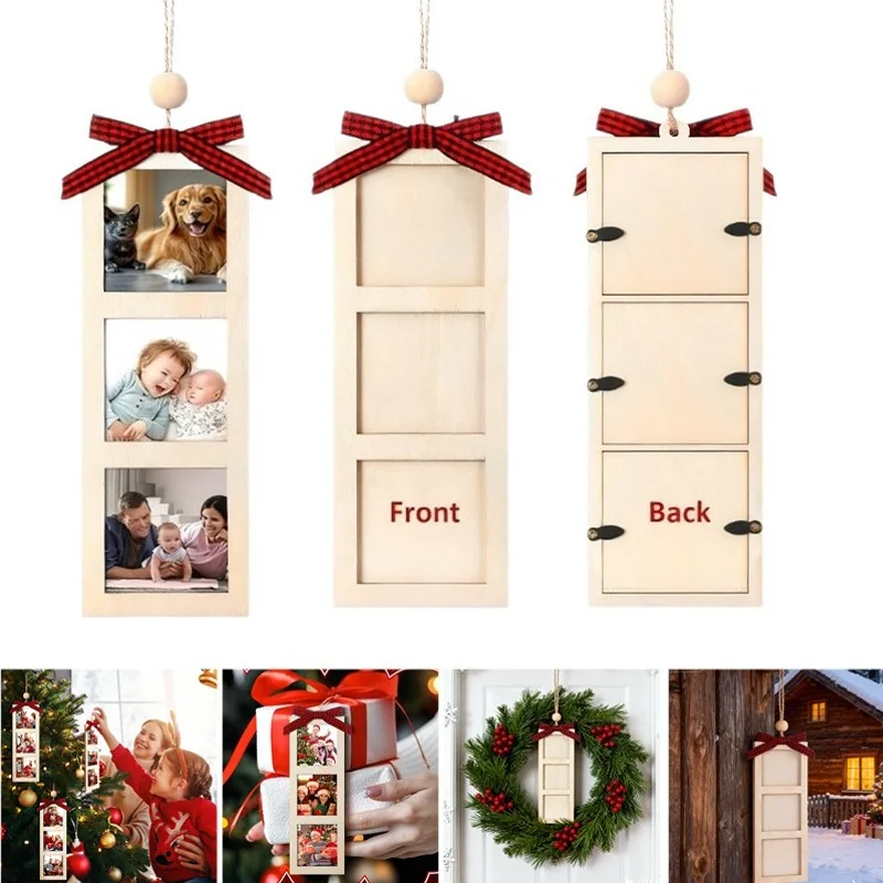 

New Multi Photo Wood Christmas Ornament 3 Frame Personalized Family Portrait Display with Red Bows Holiday Decor for Xmas Tree