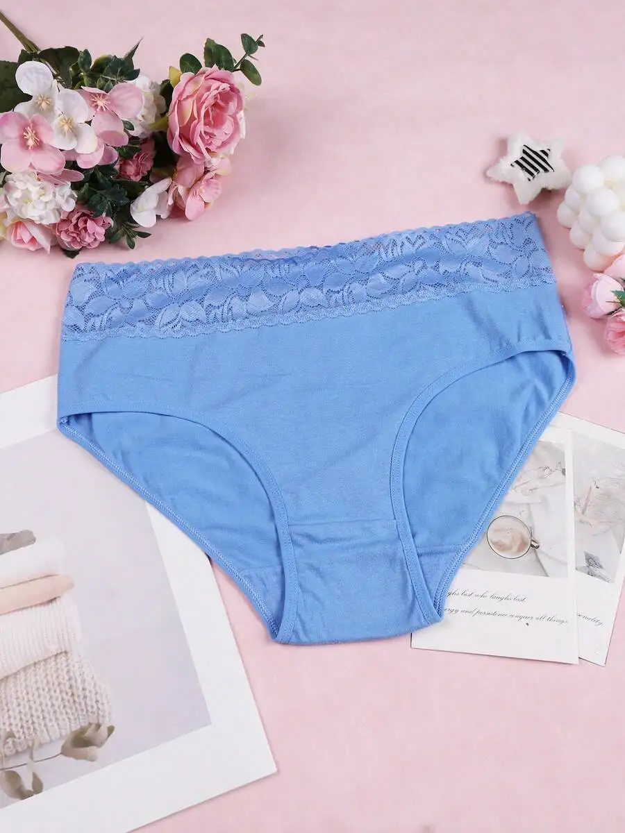 

Womens Solid Color Mid-Waist Briefs With Lace Waistband Soft Comfortable Underwear