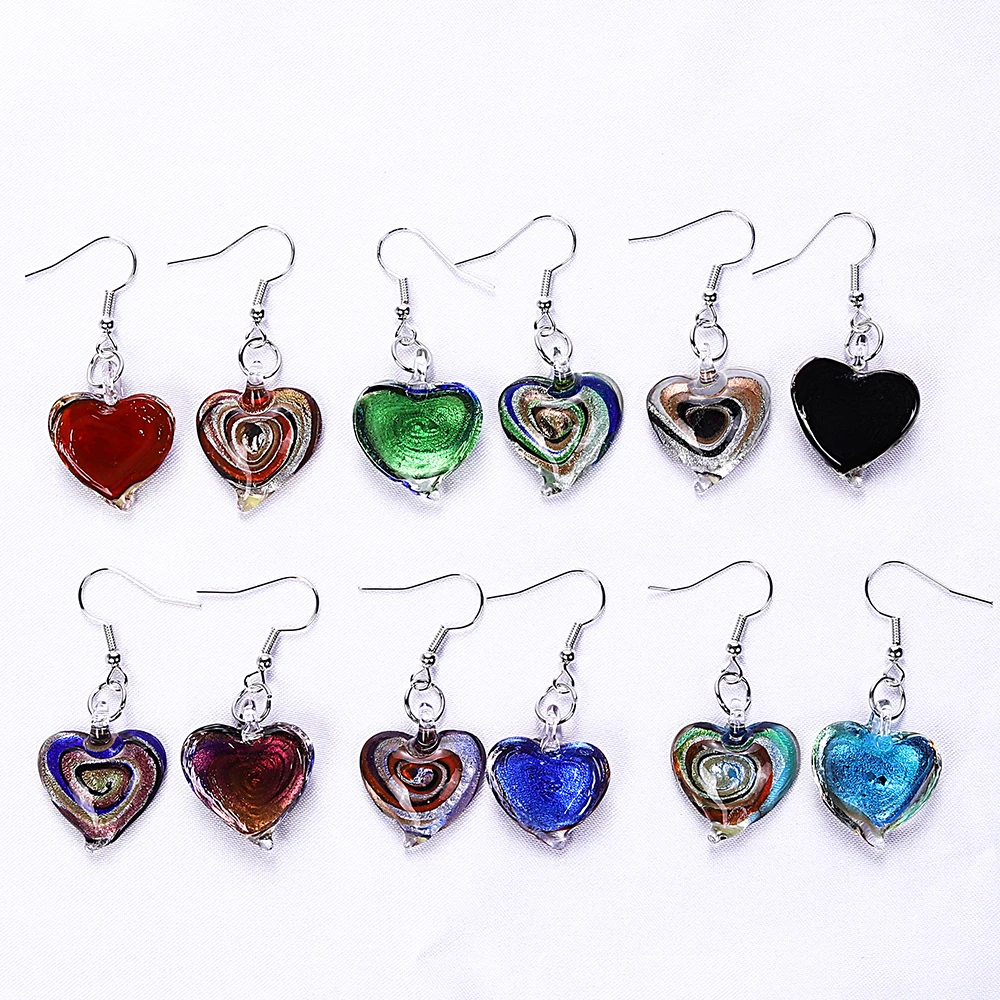 QianBei Promot Women Heart Handmade Murano Lampwork Glass Mixed Color Snacks Charms Beauty Silver Plated Earring Hot