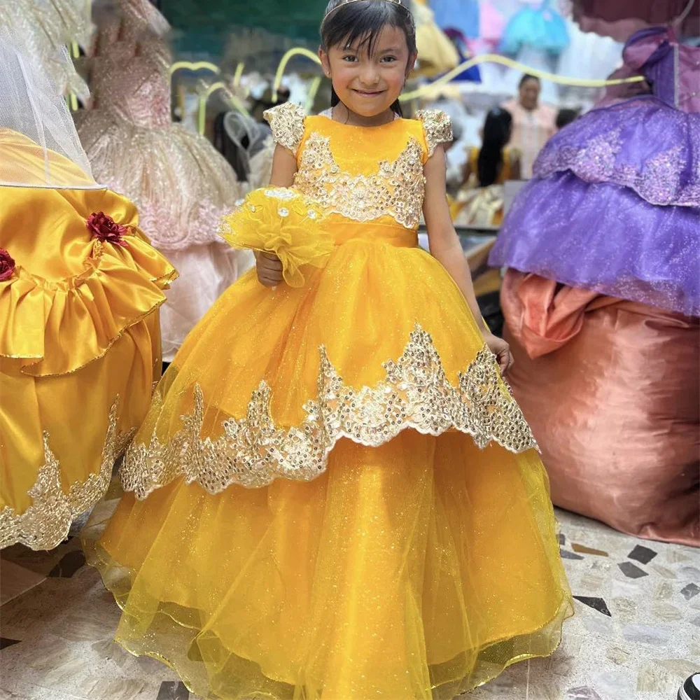 

Платье для девочек-цветочниц длиной до пола, длинное бальное элегантное платье с круглым вырезом и бантом, с короткими рукавами и аппликацией, торжественное платье для первого причастия по индивидуальному заказу