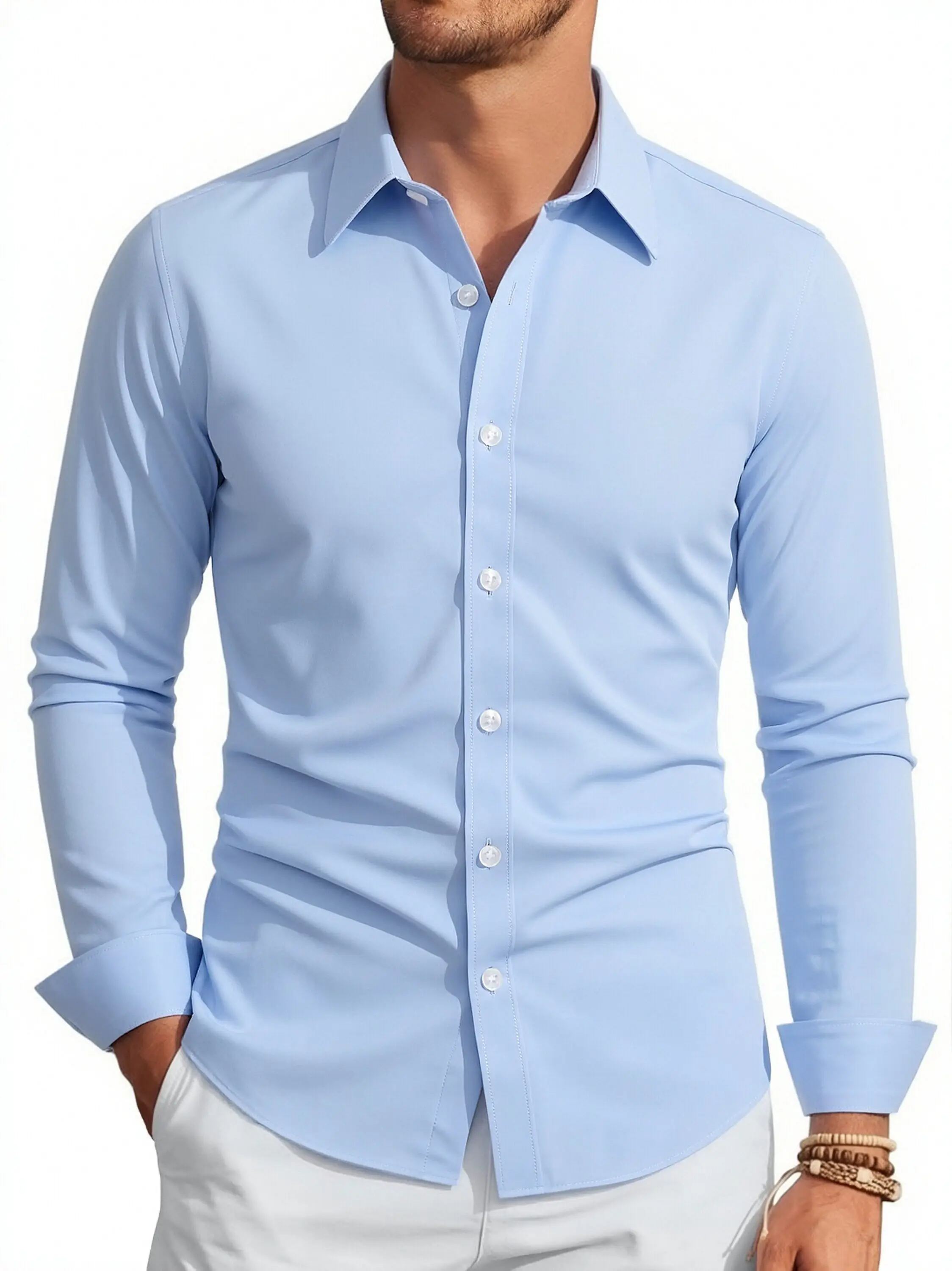 

Men's Stretch Dress Shirt, Solid Wrinkle Free Long Sleeve Button Down, Lightweight Business Casual Office Top for Spring Autumn