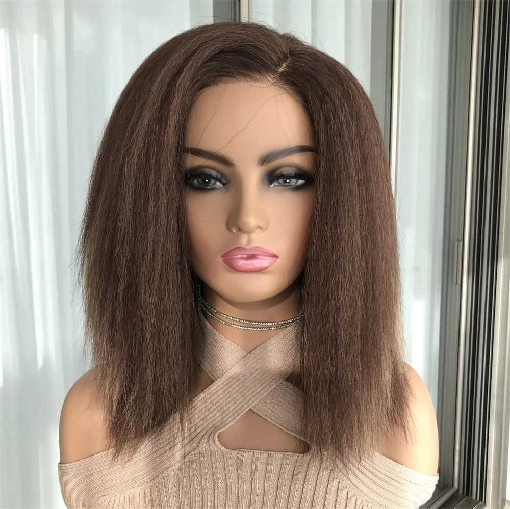 Highlight Blonde Kinky Straight Short Bob Wig Synthetic Wear Go Glueless Wig for Women Pre Plucked Side Part Yaki Wig 12inch