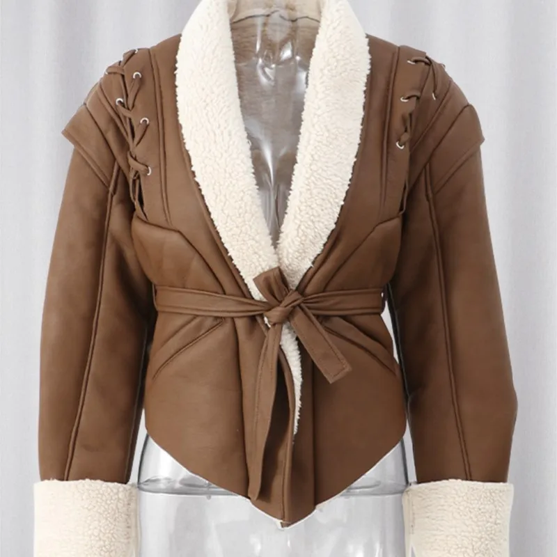 

2025 Autumn New Women's Short Faux Leather Jacket Belted Design Street-Style Retro Outerwear Stylish Coat Windproof Casual Coats