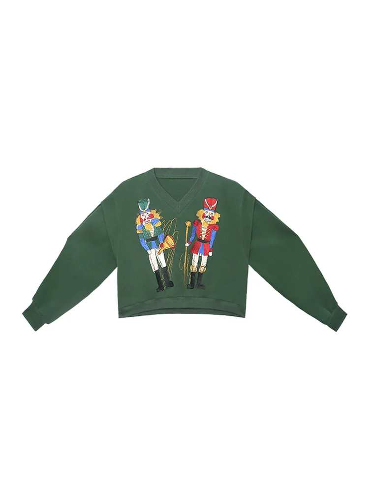 V-Neck Walnut Clip Embroidered Hoodie for Women, Spring and Autumn
