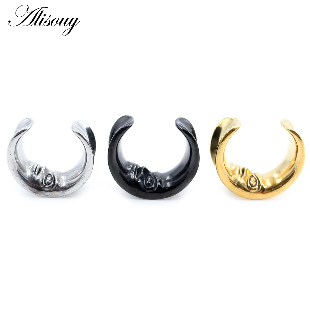 Alisouy 1pc Stainless Steel Moon Human Face Saddle Ear Tunnels Plugs Expanders Stretchers Gauges Earrings Piercing Body Jewelry