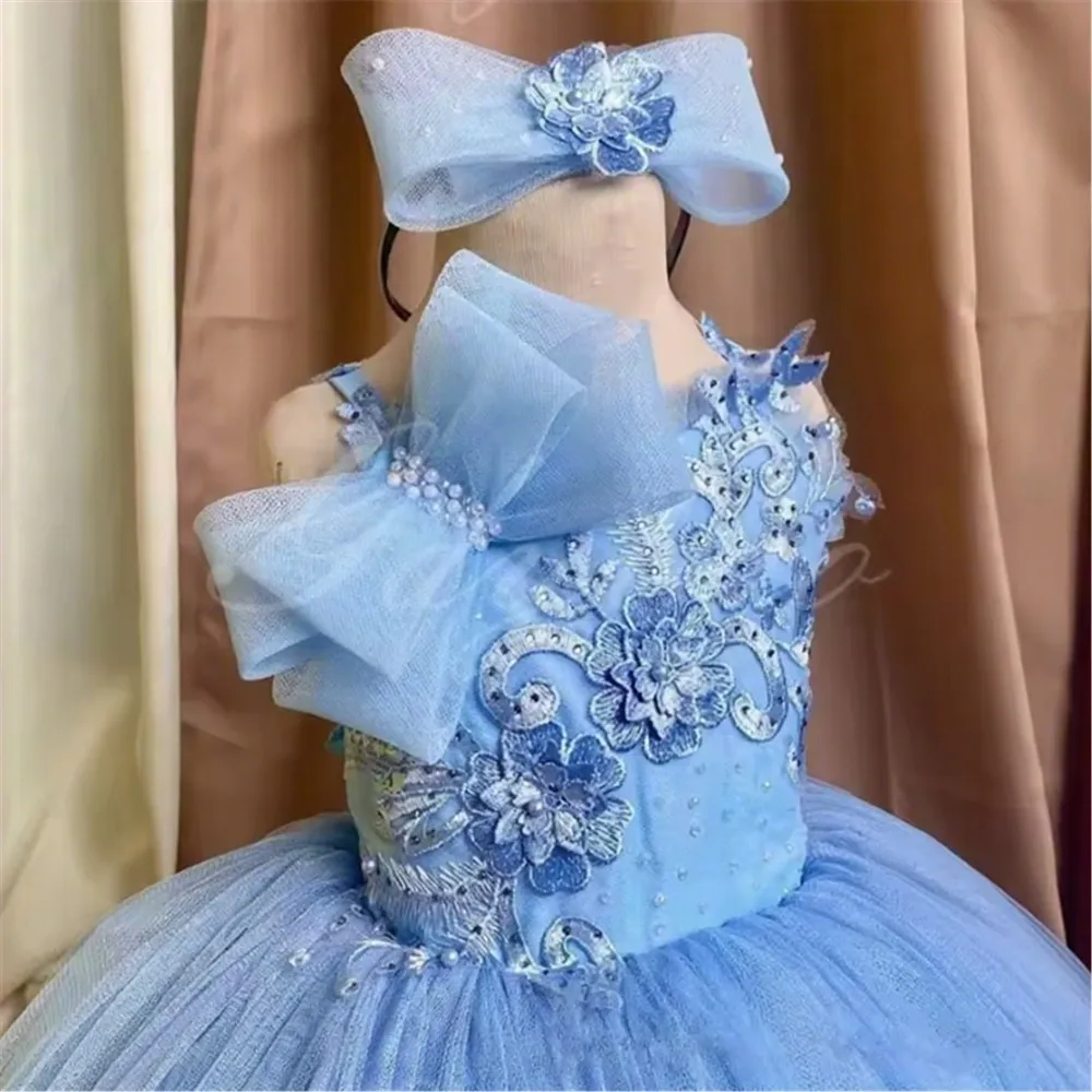 

Luxury Fower Girl Wedding Dress Appliques Sleeveless Bow Puffy Baby Kids Birthday Party Princess First Communion Ball Gown