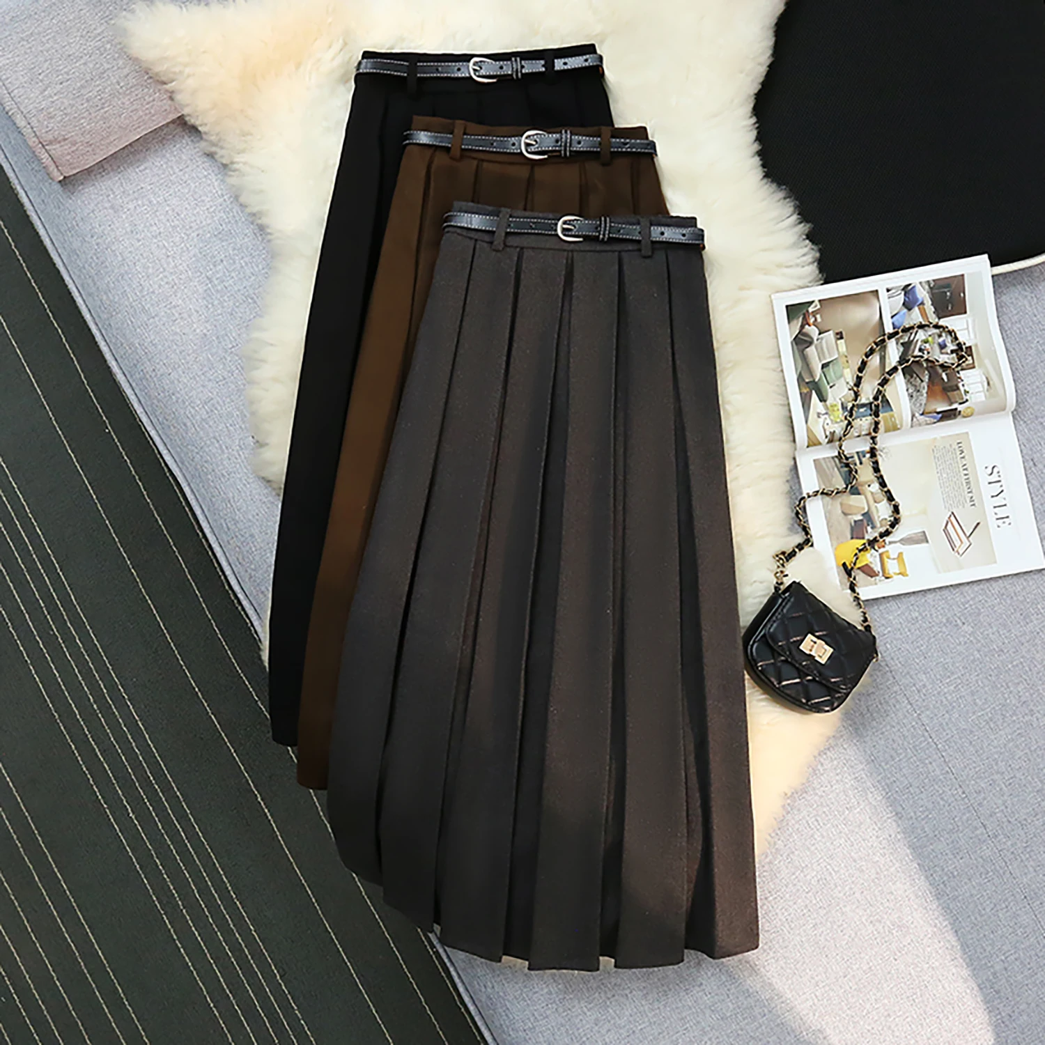 

Autumn Winter High Waist Thicken Woolen Women's Pleated Skirts with Belted 2023 New Solid Elegant Chic Long A-Line Skirts Female