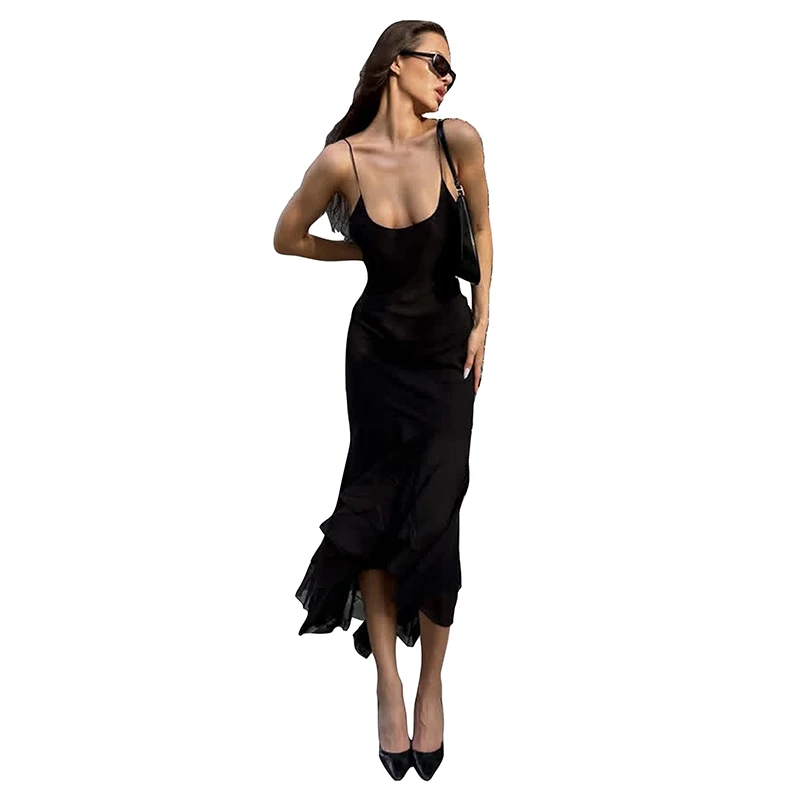 Sisterlinda Simpel Maxikleid für Damen mit Rüschen, Unregelmäßigem Saum, Tiefem Ausschnitt, Ärmellos, Einfarbig, Schmal Geschnitten, Klassisch, High-Street-Stil, Vestidos – Detail 2