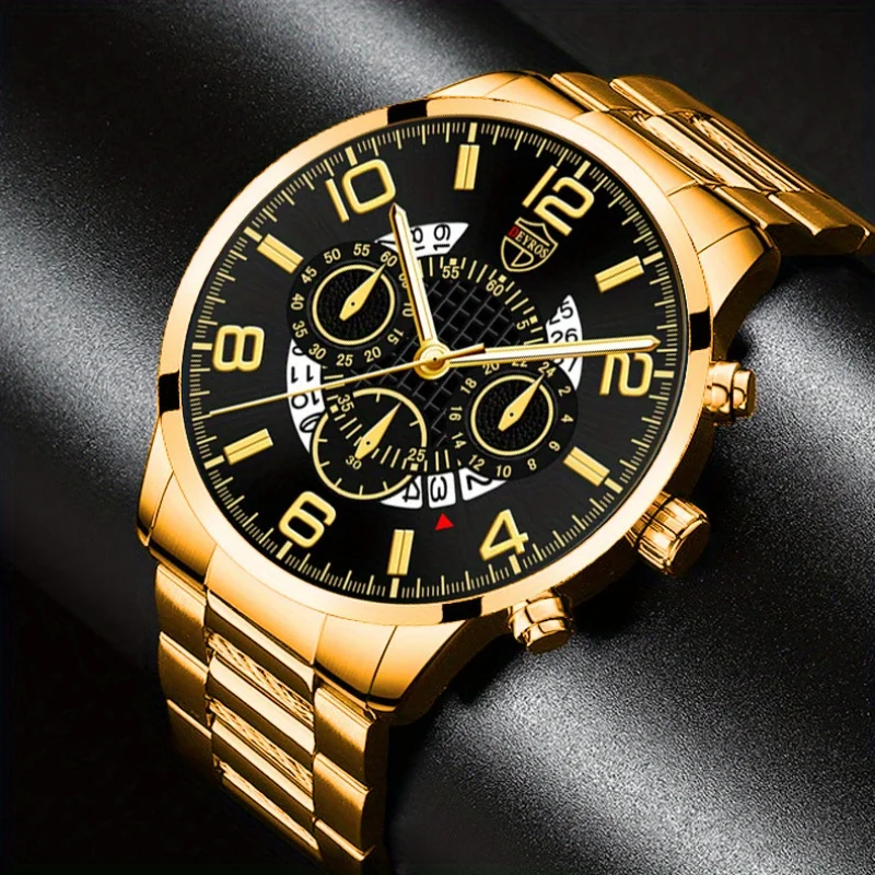 날짜 기능, 쿠바 목걸이, 반지 및 팔찌, 남성용 추수 감사절 이상적인 선물이 포함된 남성용 패션 4개/세트 쿼츠 시계