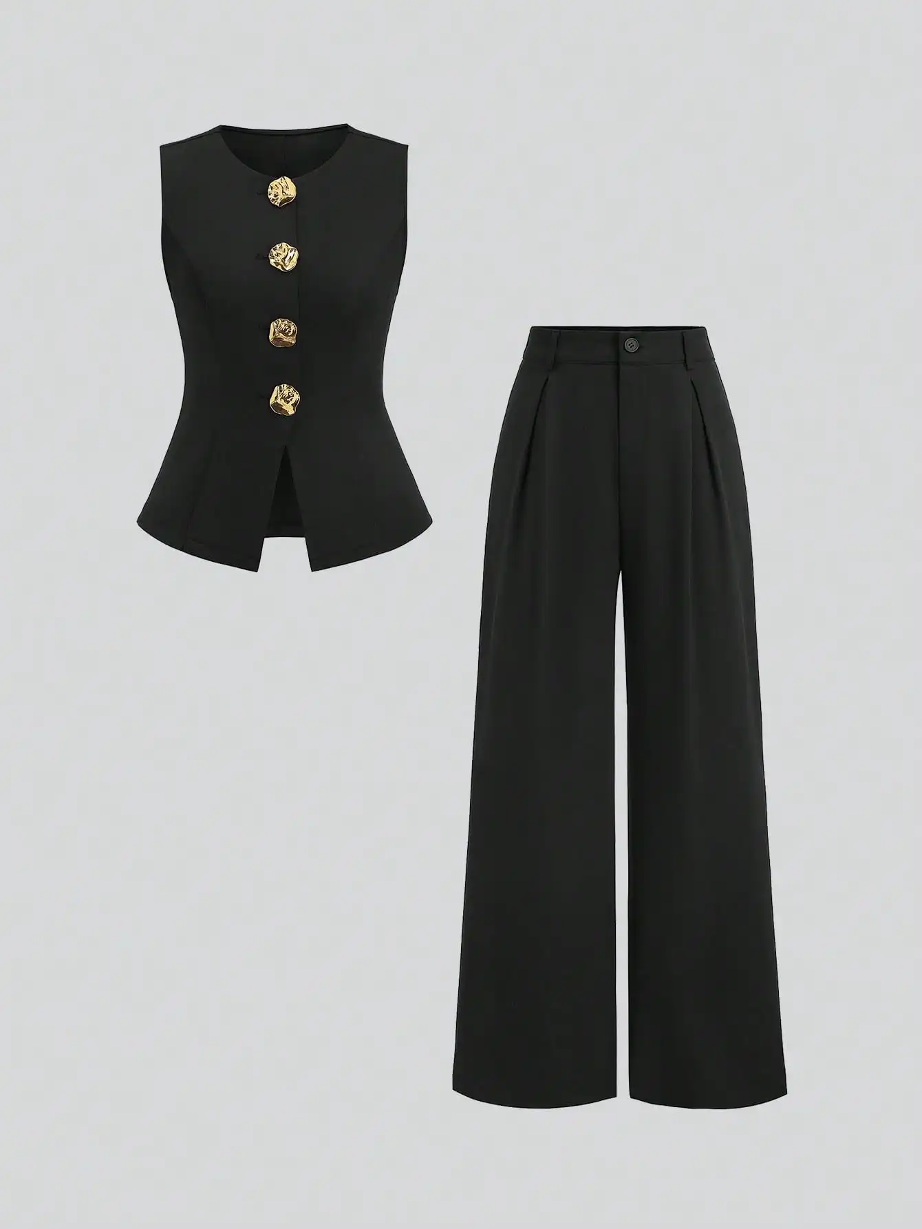Black Sleeveless Button-Front Top & Wide-Leg Pleated Pants Set