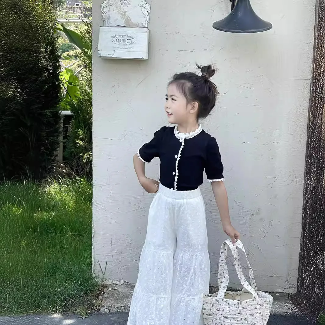 Girl Shirt Top Princess Girls Summer New Korean Style Fashion Lace Stand-up Collar Blouse Children Sleeve Pearl Buckle Shirt Top