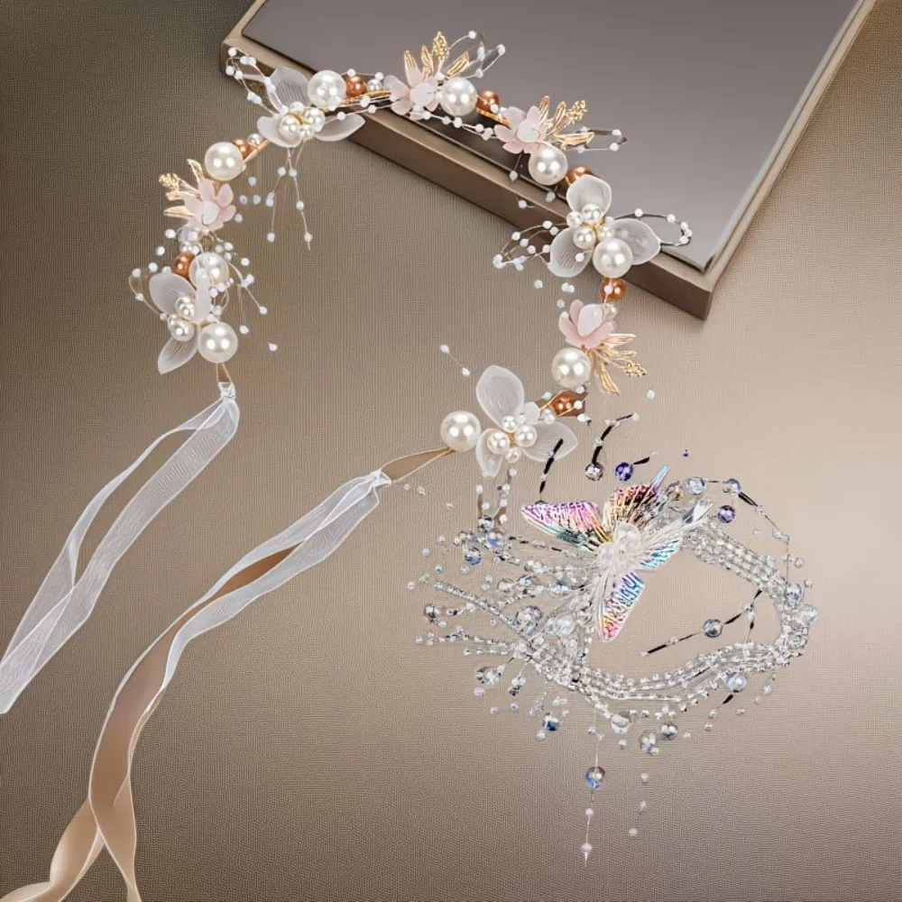 2 pieces handmade floral ribbon bow beaded bridal headband set; suitable for bridal wedding ceremonies and photo shoots