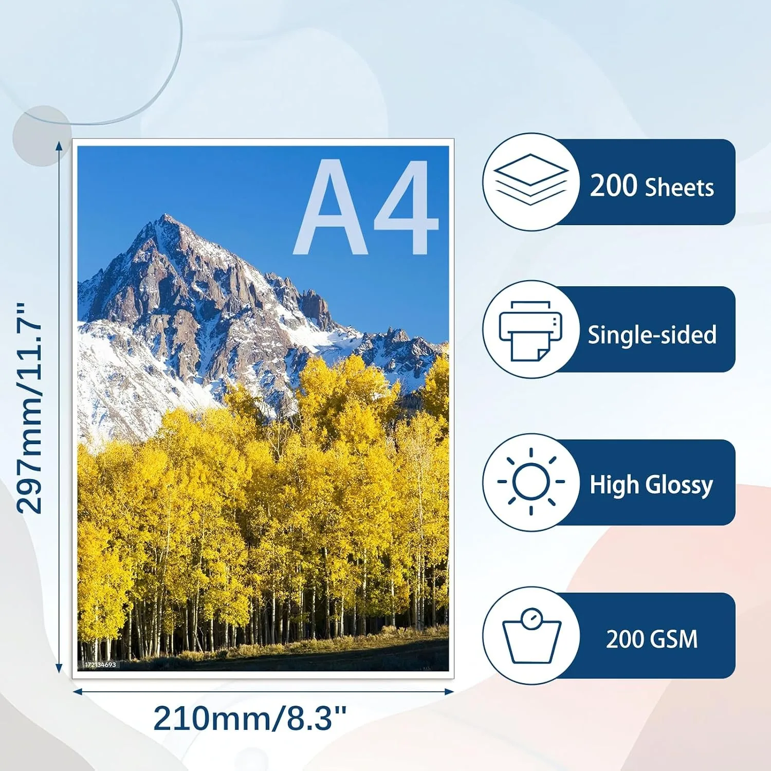 Glossy Inkjet Photo Paper, 54LB/200gsm,  A4 Size( 8.3x11.7 inch, 210x297mm), 20/50 Sheets