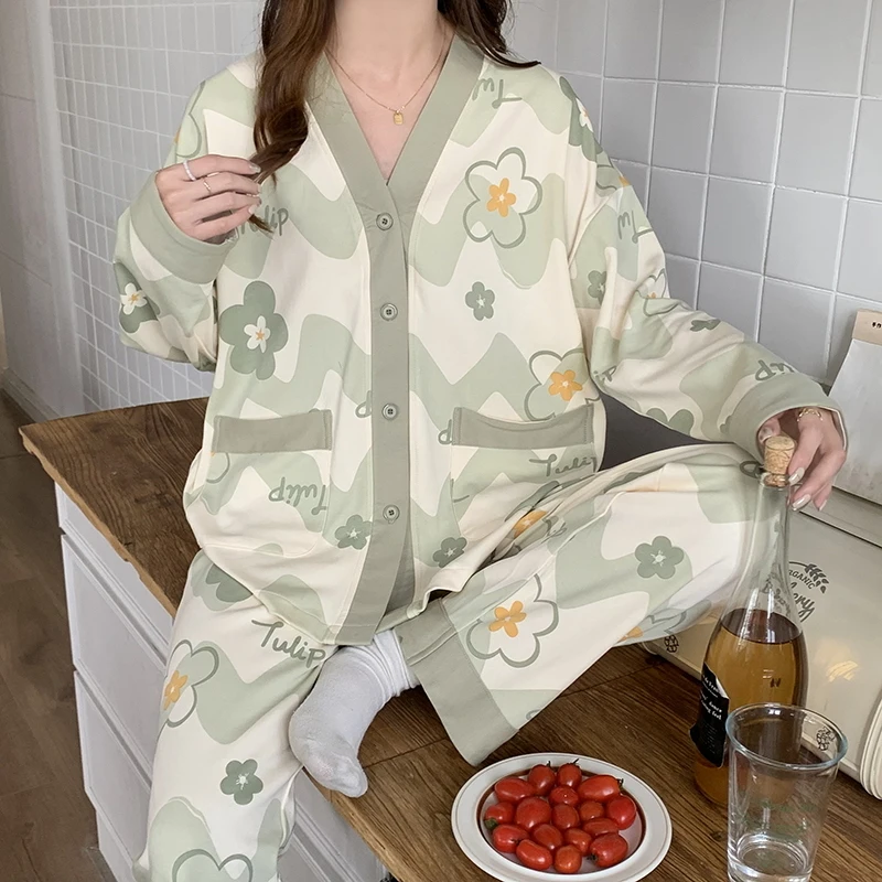 Green Flower Women Pajama Set Autumn Winter Long Sleeves Long Pants Cute Sleepwear Kawaii Pyjamas Soft Pijamas Cozy Pjs Comfy Pj