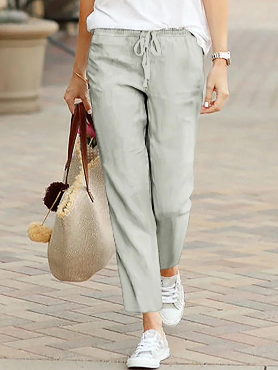 Women High Waist Straight Lace Up Pants Elastic Drawstring Solid Color Long Trousers Comfortable Daily Casual Outfits