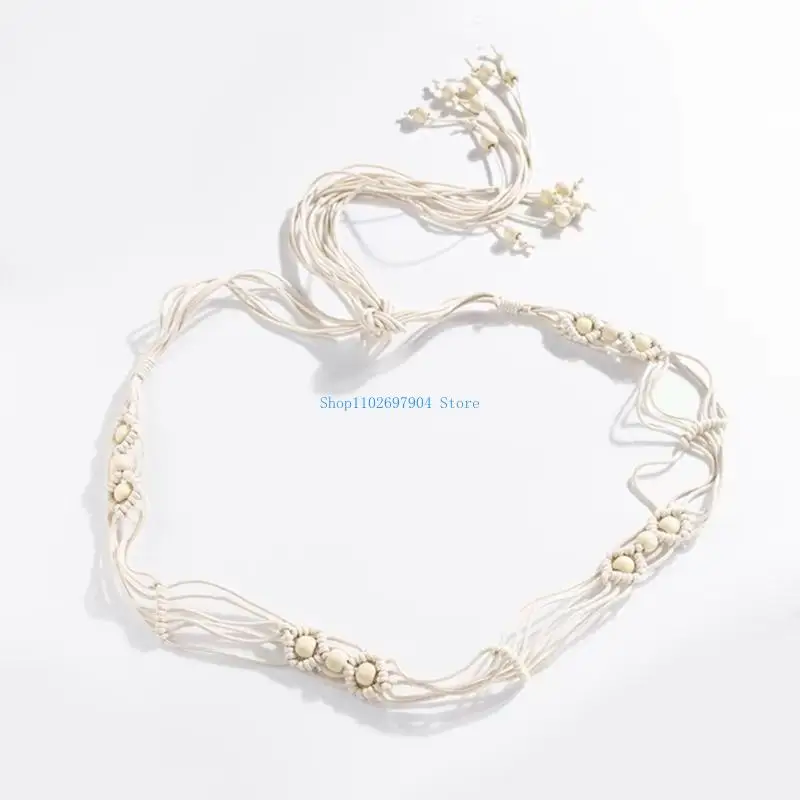 

N7YF Ethnic Waist Chain Women Handmade Bohemian Design Wooden Bead Accents Fringed Trim for Outfit Stage Costume